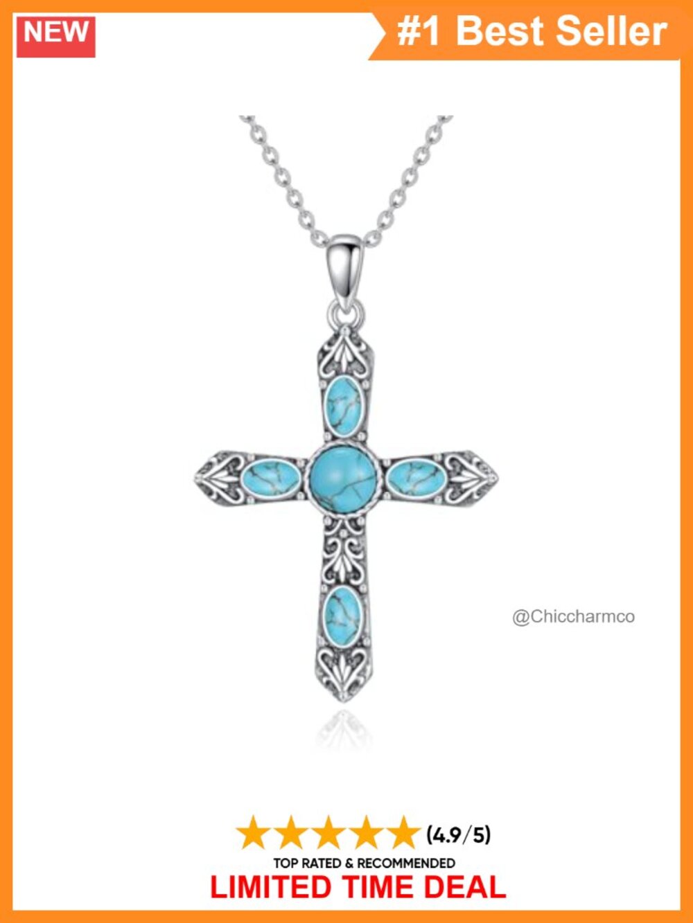925 Sterling Silver Turquoise Cross Pendant Necklace Religious Western